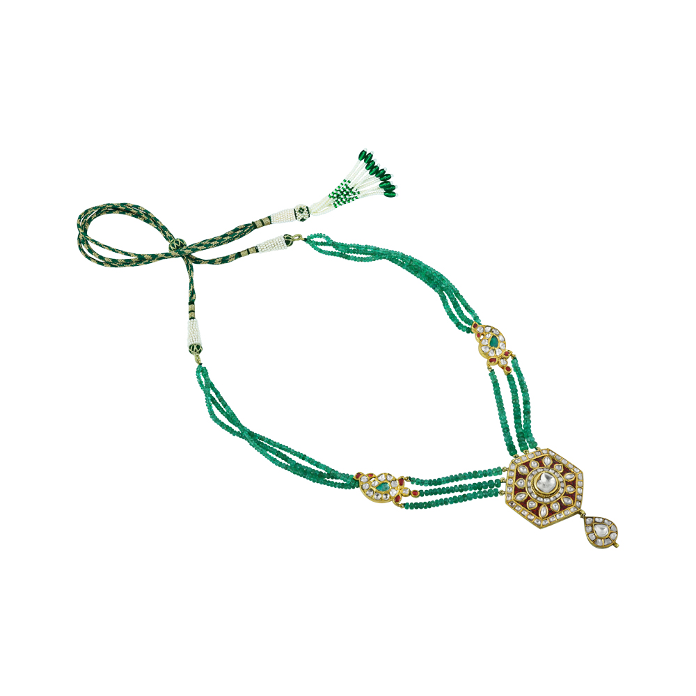 Triple-Strand Emerald Necklace with Red Stone, and Polki